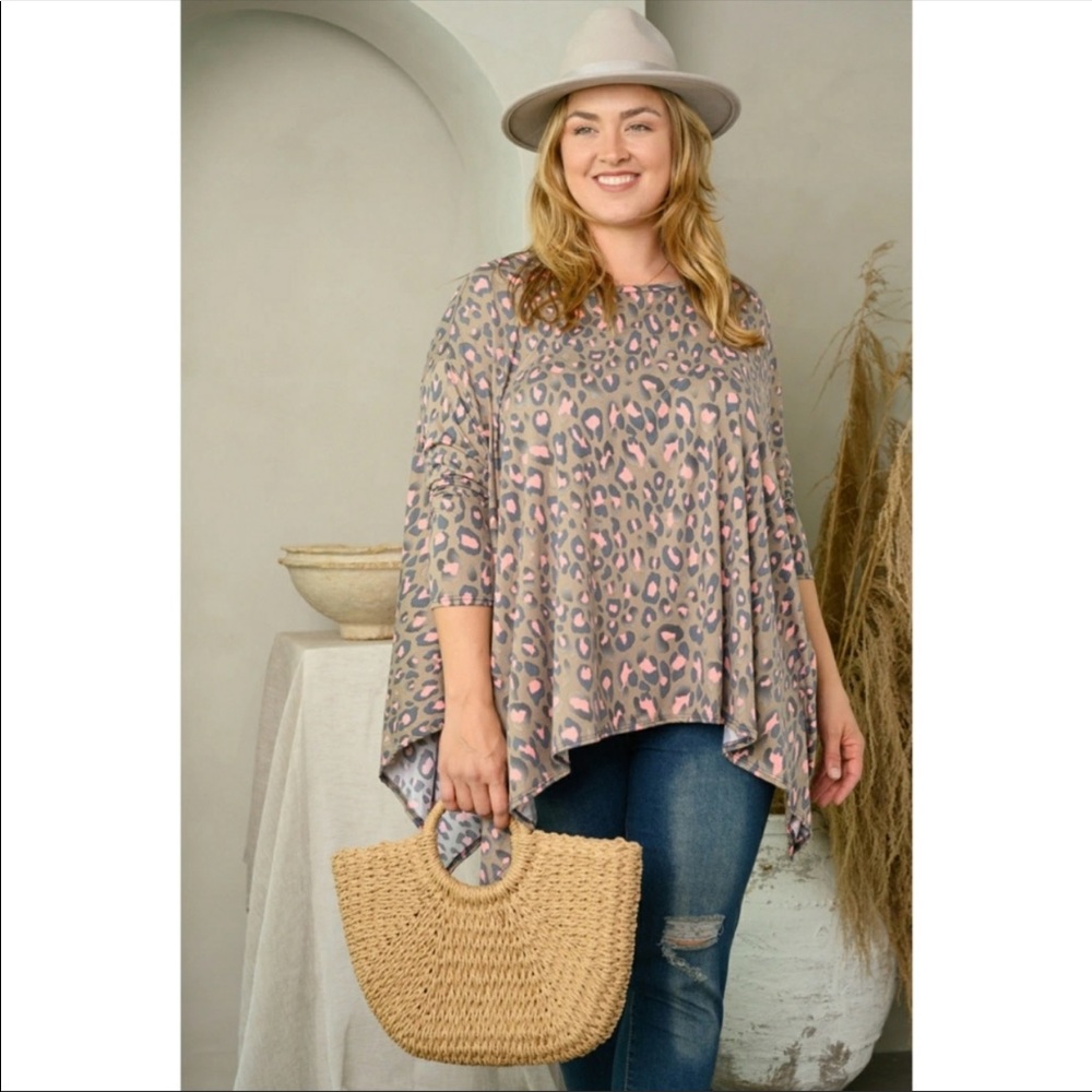 Plus size (size 1X/2X) pink leopard asymmetrical top
